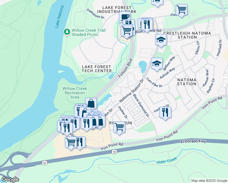 map of restaurants, bars, coffee shops, grocery stores, and more near 240 Natoma Station Drive in Folsom