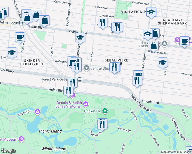 map of restaurants, bars, coffee shops, grocery stores, and more near 5576 Pershing Avenue in St. Louis