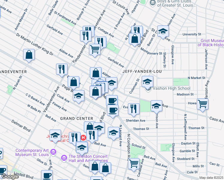 map of restaurants, bars, coffee shops, grocery stores, and more near 1428a North Grand Boulevard in St. Louis
