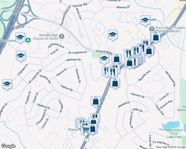 map of restaurants, bars, coffee shops, grocery stores, and more near 1778 Wigglesworth Way in Woodbridge