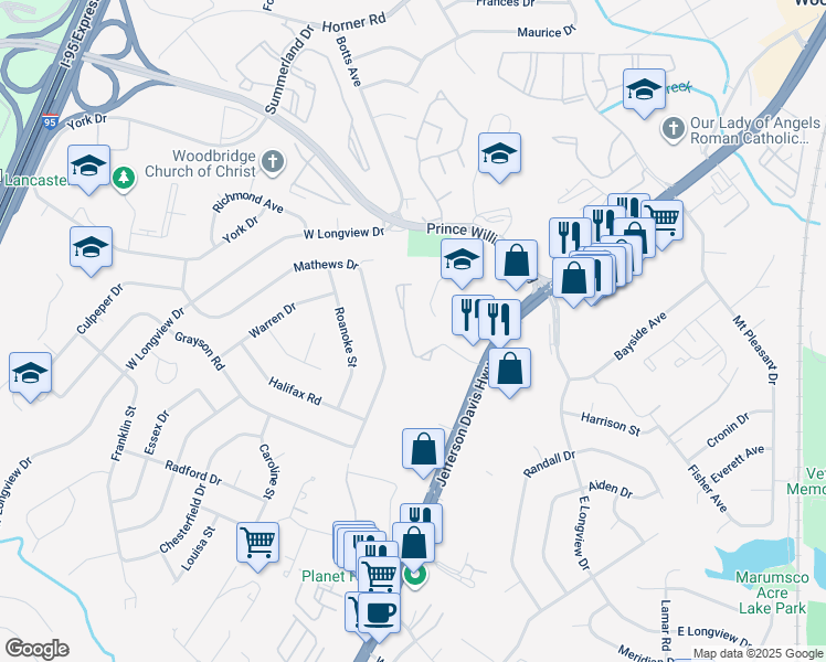 map of restaurants, bars, coffee shops, grocery stores, and more near 1778 Wigglesworth Way in Woodbridge