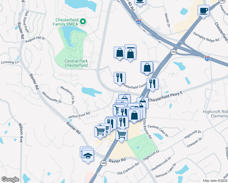 map of restaurants, bars, coffee shops, grocery stores, and more near 16349 Justus Post Road in Chesterfield