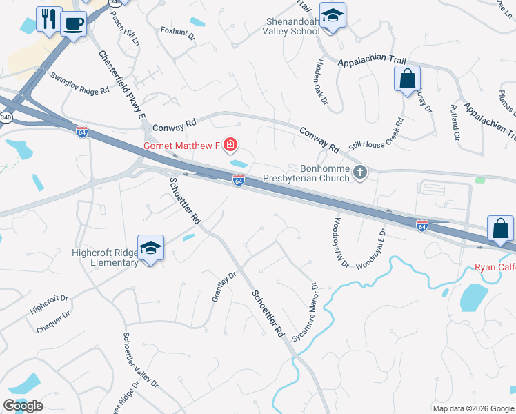map of restaurants, bars, coffee shops, grocery stores, and more near 1307 Cherry Glen Court in Chesterfield