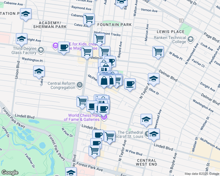 map of restaurants, bars, coffee shops, grocery stores, and more near 29 Lenox Place in St. Louis