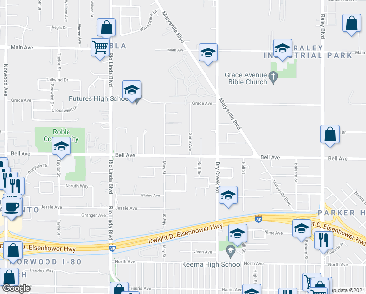 map of restaurants, bars, coffee shops, grocery stores, and more near 1221 Bell Avenue in Sacramento