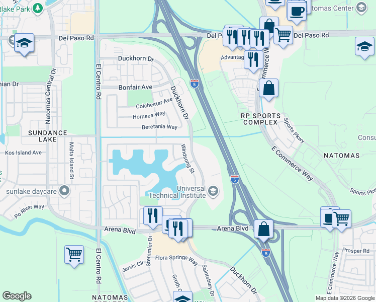 map of restaurants, bars, coffee shops, grocery stores, and more near 3184 Golden Light Lane in Sacramento