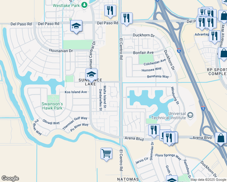 map of restaurants, bars, coffee shops, grocery stores, and more near 4275 El Centro Road in Sacramento