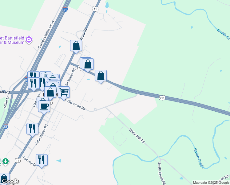 map of restaurants, bars, coffee shops, grocery stores, and more near 350 East Old Cross Road in New Market