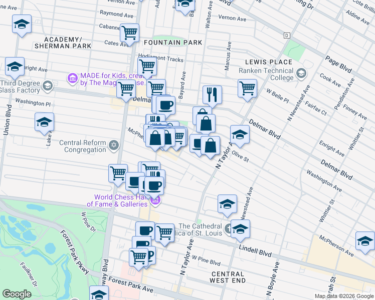 map of restaurants, bars, coffee shops, grocery stores, and more near in St. Louis