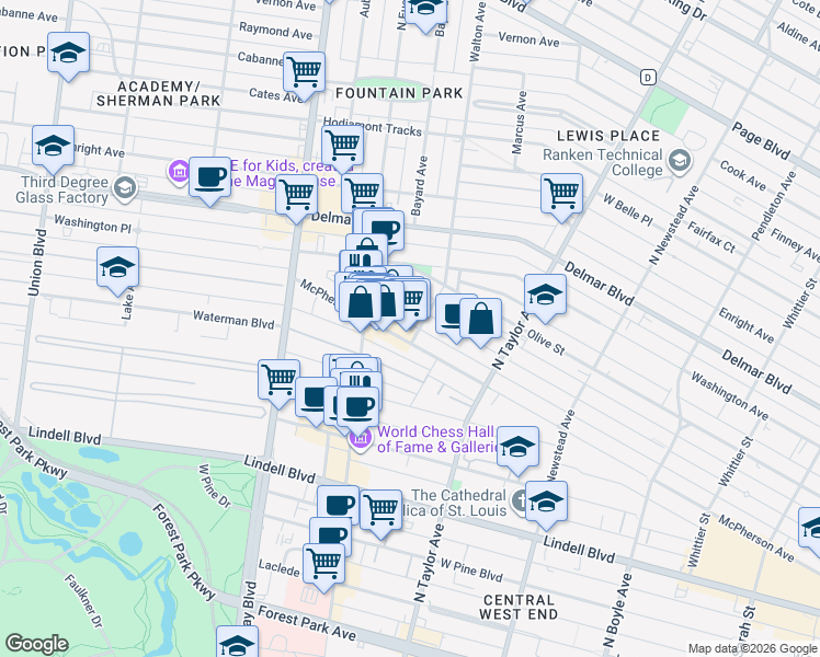 map of restaurants, bars, coffee shops, grocery stores, and more near 4704 McPherson Avenue in St. Louis