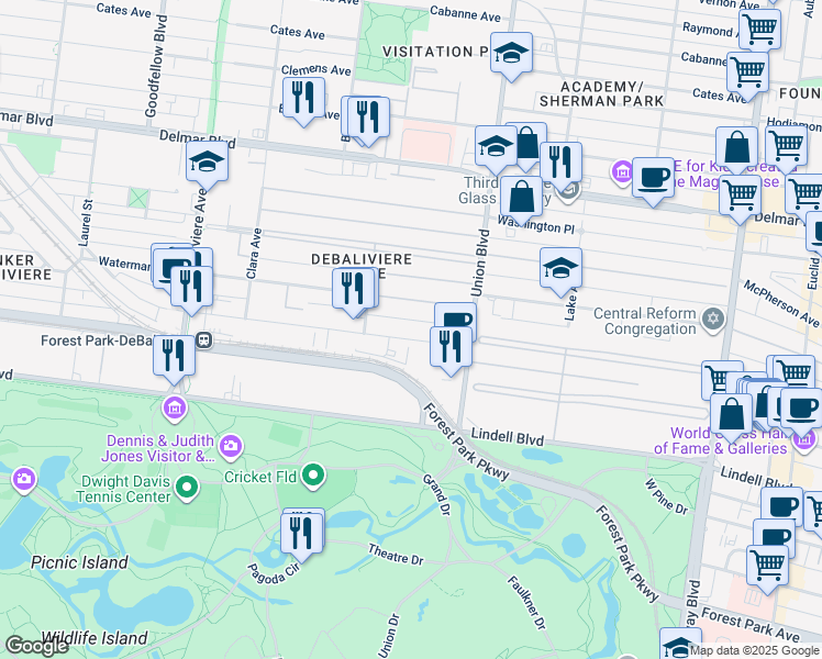 map of restaurants, bars, coffee shops, grocery stores, and more near 5350 Pershing Avenue in St. Louis