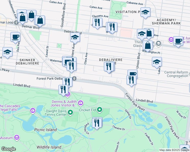 map of restaurants, bars, coffee shops, grocery stores, and more near 5528 Pershing Avenue in St. Louis