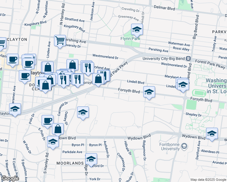 map of restaurants, bars, coffee shops, grocery stores, and more near 7307 Northmoor Drive in St. Louis