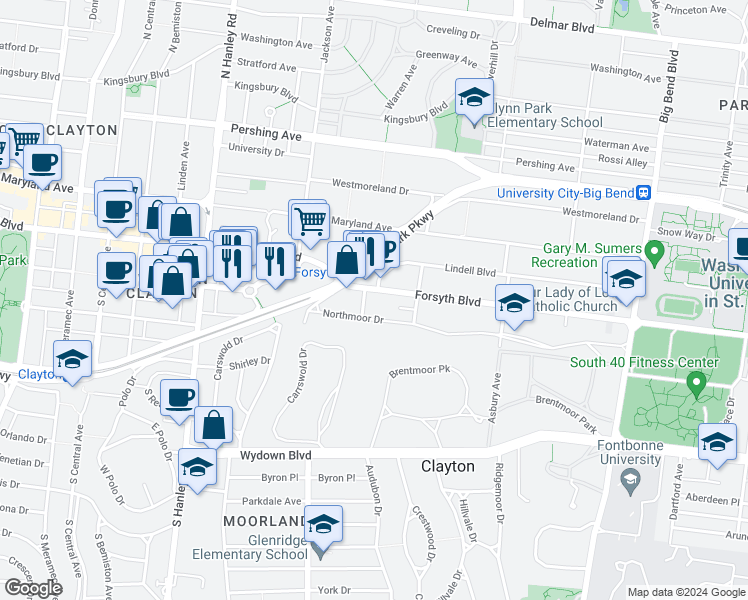 map of restaurants, bars, coffee shops, grocery stores, and more near 7343 Northmoor Drive in St. Louis