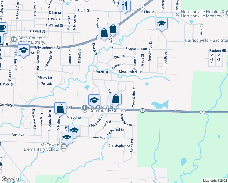 map of restaurants, bars, coffee shops, grocery stores, and more near 1100 Outlook Drive in Harrisonville