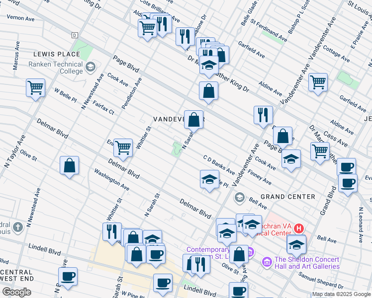map of restaurants, bars, coffee shops, grocery stores, and more near 4049 West Belle Place in St. Louis