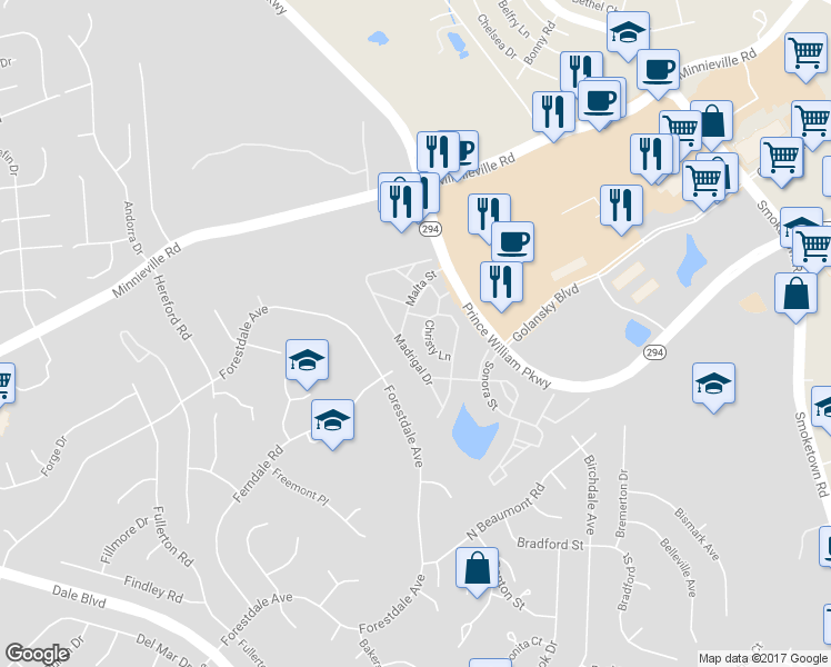 map of restaurants, bars, coffee shops, grocery stores, and more near 3537 Christy Lane in Woodbridge