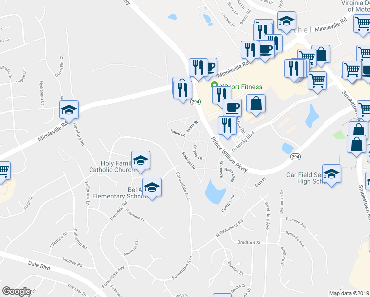 map of restaurants, bars, coffee shops, grocery stores, and more near 14097 Malta Street in Woodbridge