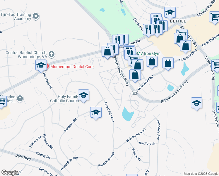 map of restaurants, bars, coffee shops, grocery stores, and more near 14097 Malta Street in Woodbridge