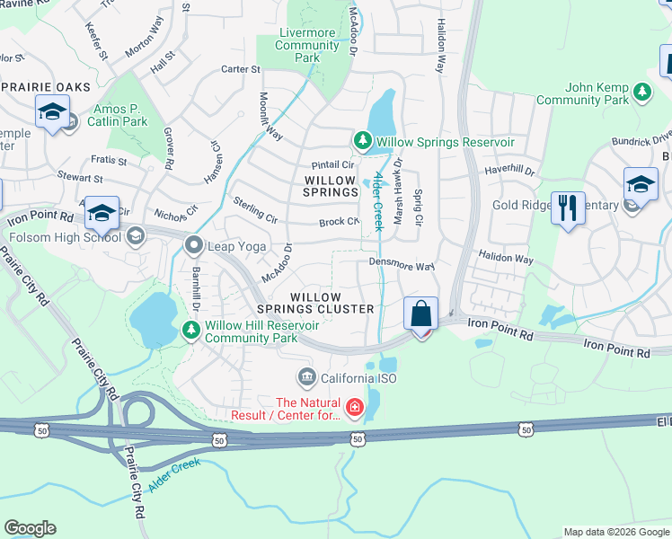 map of restaurants, bars, coffee shops, grocery stores, and more near 764 Densmore Court in Folsom