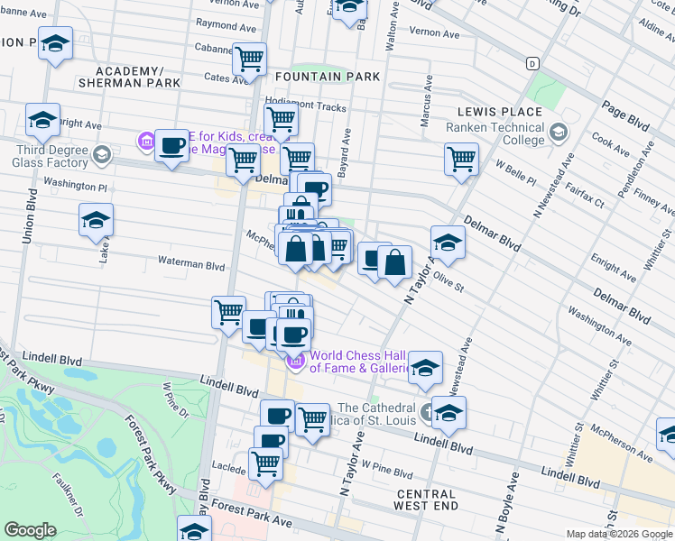 map of restaurants, bars, coffee shops, grocery stores, and more near 4704 McPherson Avenue in St. Louis