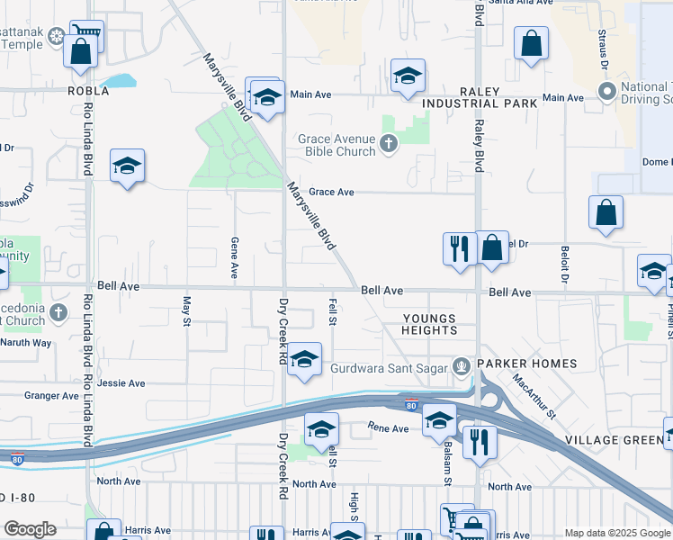 map of restaurants, bars, coffee shops, grocery stores, and more near 65 Aurum Park Court in Sacramento