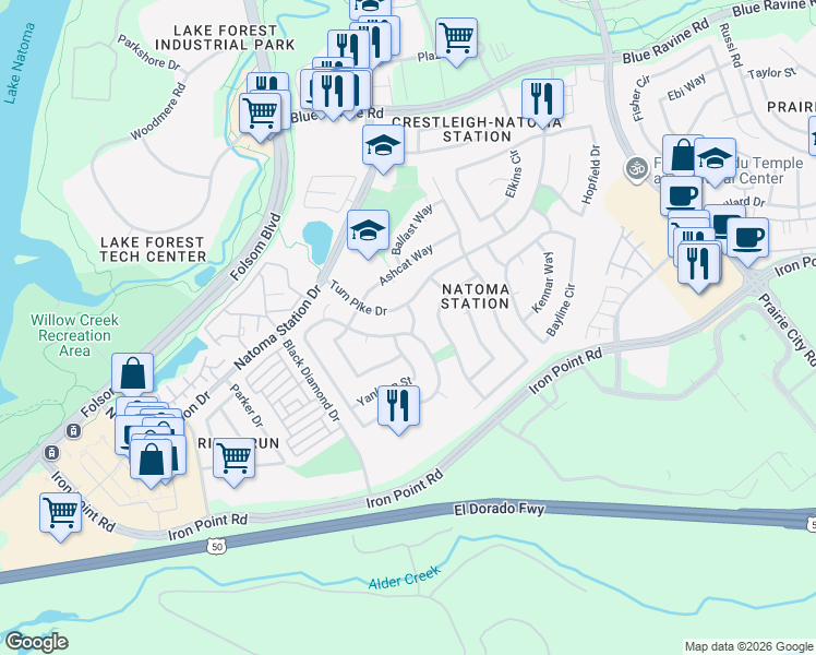 map of restaurants, bars, coffee shops, grocery stores, and more near 100 Orange Blossom Circle in Folsom