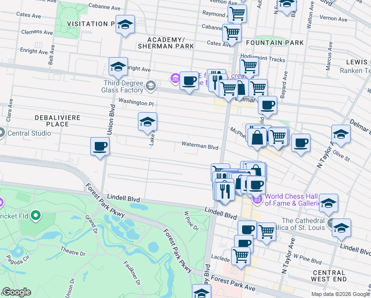 map of restaurants, bars, coffee shops, grocery stores, and more near 15 Portland Place in St. Louis