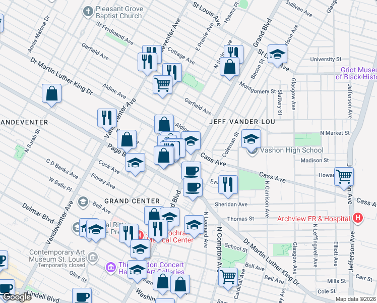 map of restaurants, bars, coffee shops, grocery stores, and more near 1428a North Grand Boulevard in St. Louis