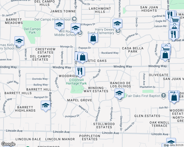 map of restaurants, bars, coffee shops, grocery stores, and more near 4532 Northampton Drive in Carmichael