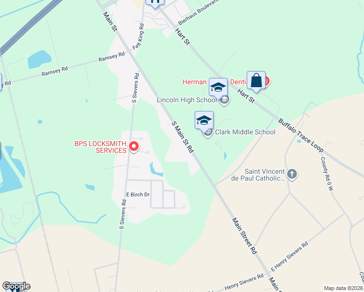 map of restaurants, bars, coffee shops, grocery stores, and more near 1969 Main Street in Vincennes