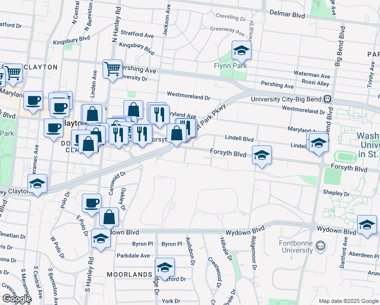map of restaurants, bars, coffee shops, grocery stores, and more near 7343 Northmoor Drive in St. Louis