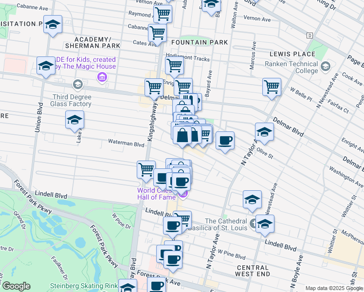 map of restaurants, bars, coffee shops, grocery stores, and more near 29 Lenox Place in St. Louis