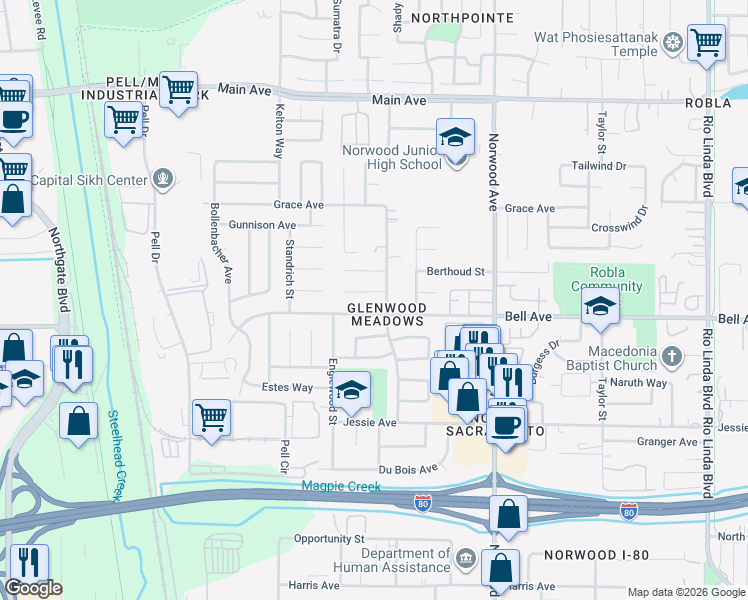map of restaurants, bars, coffee shops, grocery stores, and more near 260 Bell Avenue in Sacramento