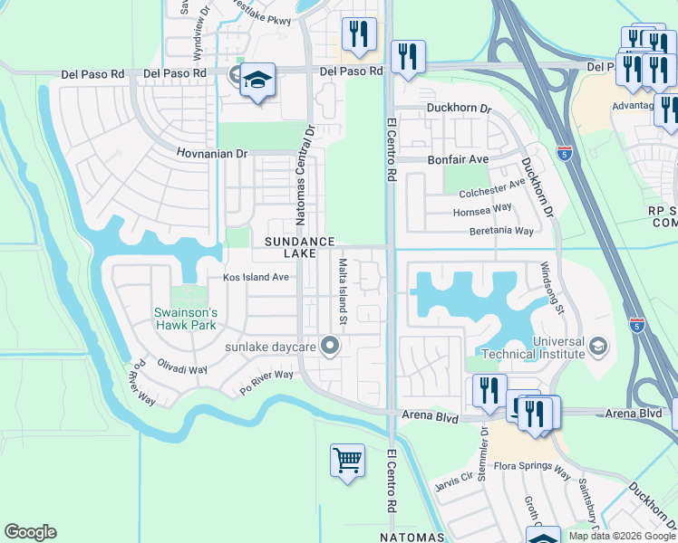 map of restaurants, bars, coffee shops, grocery stores, and more near 4201 Malta Island Street in Sacramento