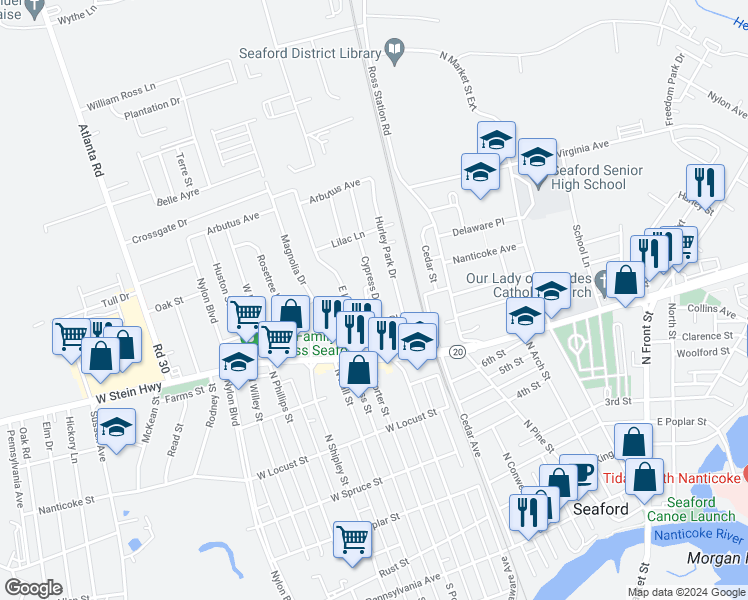 map of restaurants, bars, coffee shops, grocery stores, and more near 300 Tulip Place in Seaford