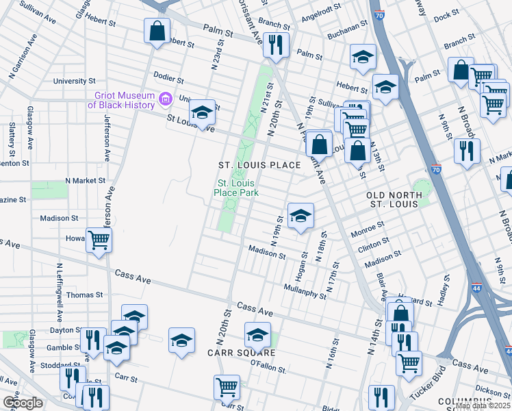map of restaurants, bars, coffee shops, grocery stores, and more near 1950 North Market Street in St. Louis