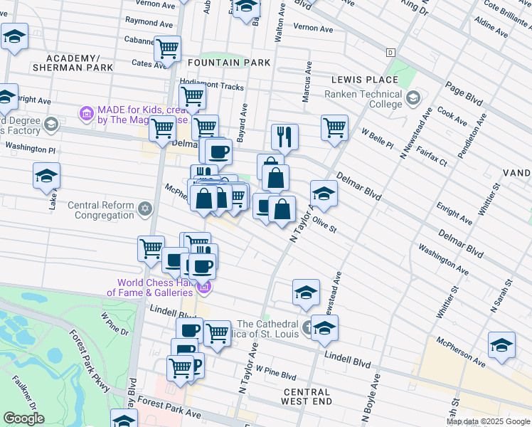 map of restaurants, bars, coffee shops, grocery stores, and more near in St. Louis