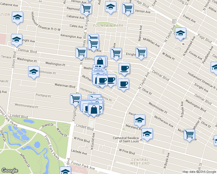 map of restaurants, bars, coffee shops, grocery stores, and more near 4704 McPherson Avenue in St. Louis