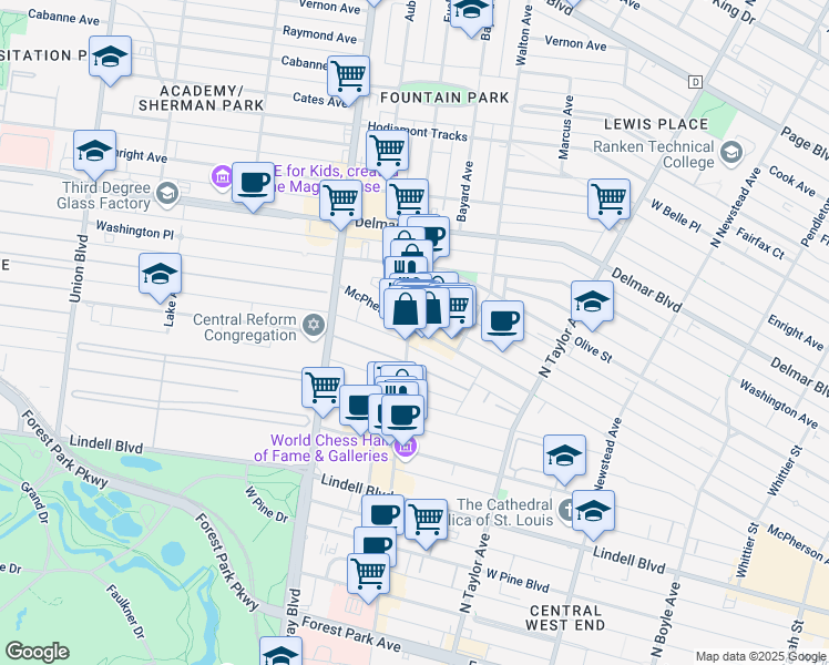 map of restaurants, bars, coffee shops, grocery stores, and more near 29 Lenox Place in St. Louis