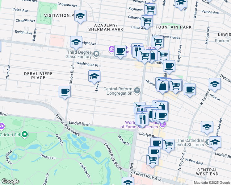 map of restaurants, bars, coffee shops, grocery stores, and more near 15 Portland Place in St. Louis