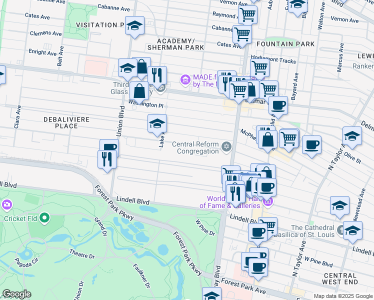 map of restaurants, bars, coffee shops, grocery stores, and more near 25 Portland Place in St. Louis