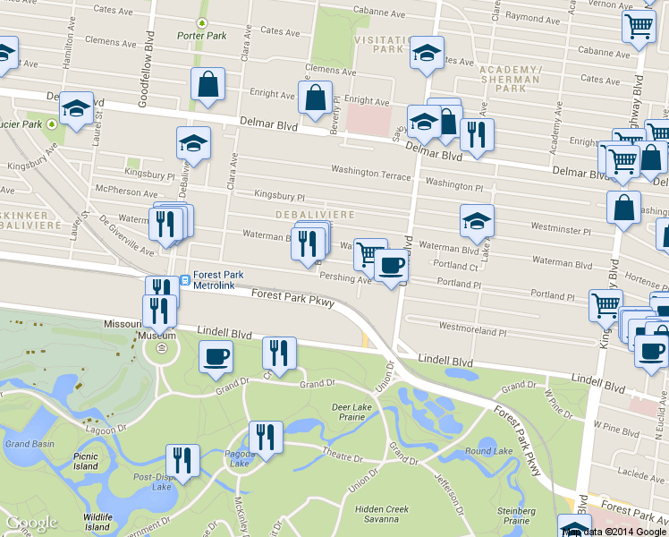 map of restaurants, bars, coffee shops, grocery stores, and more near 5370 Pershing Avenue in St. Louis
