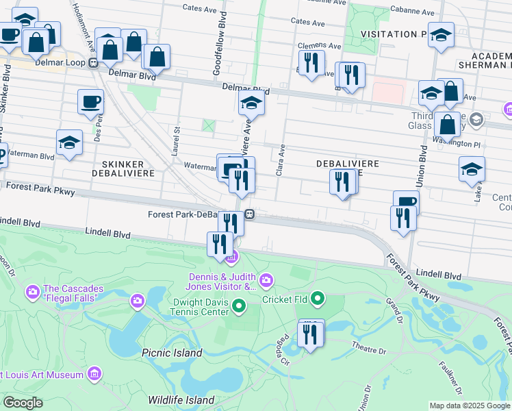 map of restaurants, bars, coffee shops, grocery stores, and more near 235 Union Boulevard in St. Louis