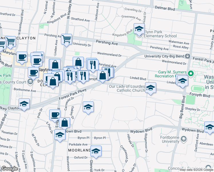 map of restaurants, bars, coffee shops, grocery stores, and more near 7343 Northmoor Drive in St. Louis