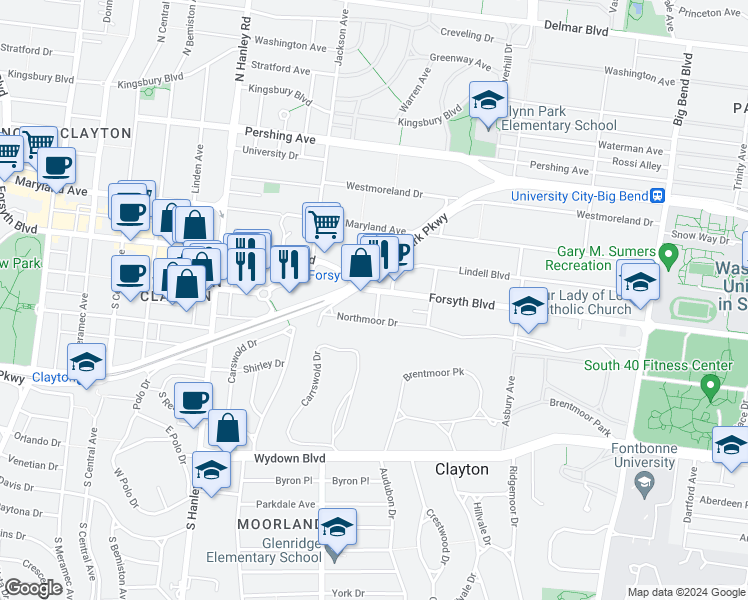 map of restaurants, bars, coffee shops, grocery stores, and more near 7343 Northmoor Drive in St. Louis