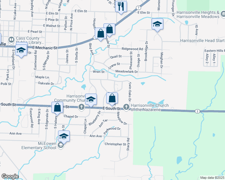 map of restaurants, bars, coffee shops, grocery stores, and more near 1100 Outlook Drive in Harrisonville