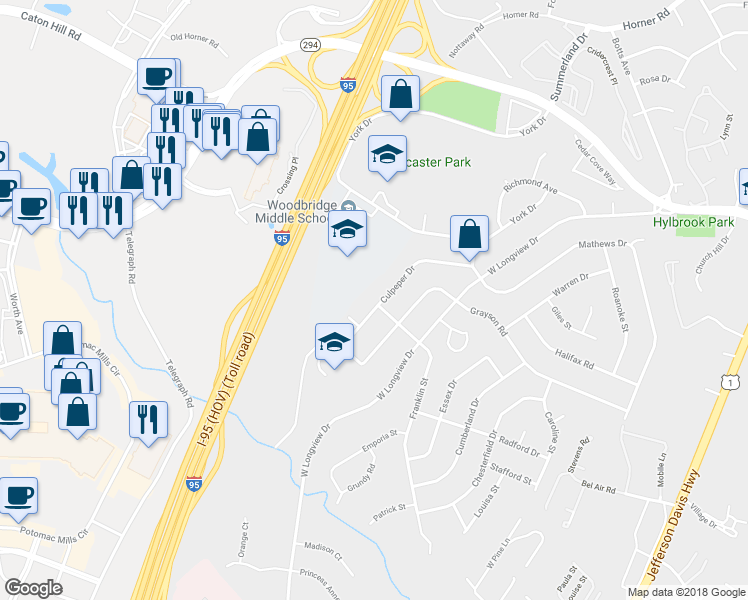 map of restaurants, bars, coffee shops, grocery stores, and more near 2140 Culpeper Drive in Woodbridge