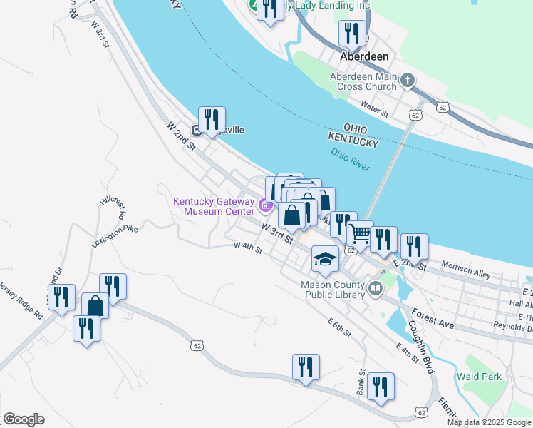 map of restaurants, bars, coffee shops, grocery stores, and more near 221 Sutton Street in Maysville