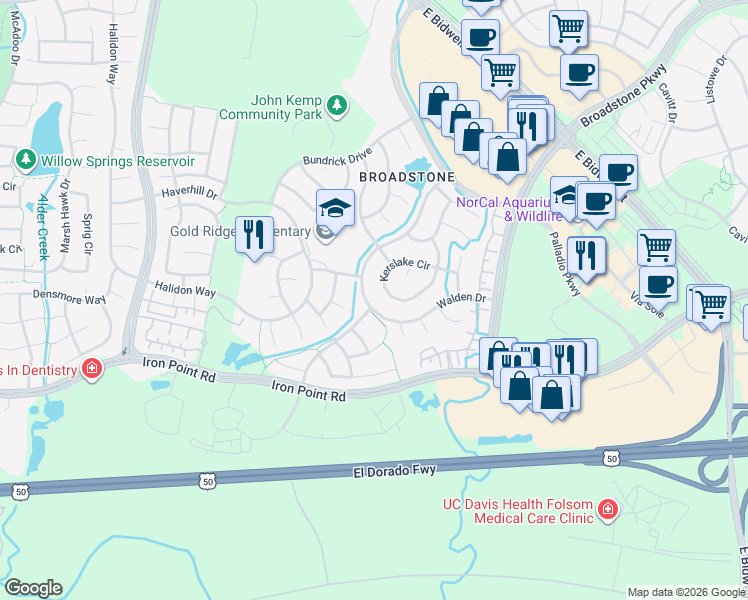 map of restaurants, bars, coffee shops, grocery stores, and more near 1400 Walden Drive in Folsom